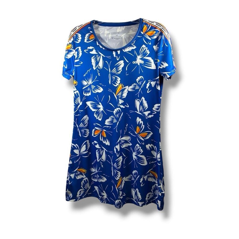 Adidas by Farm Rio T Shirt Dress in White and Blue Butterfly Print Size M
